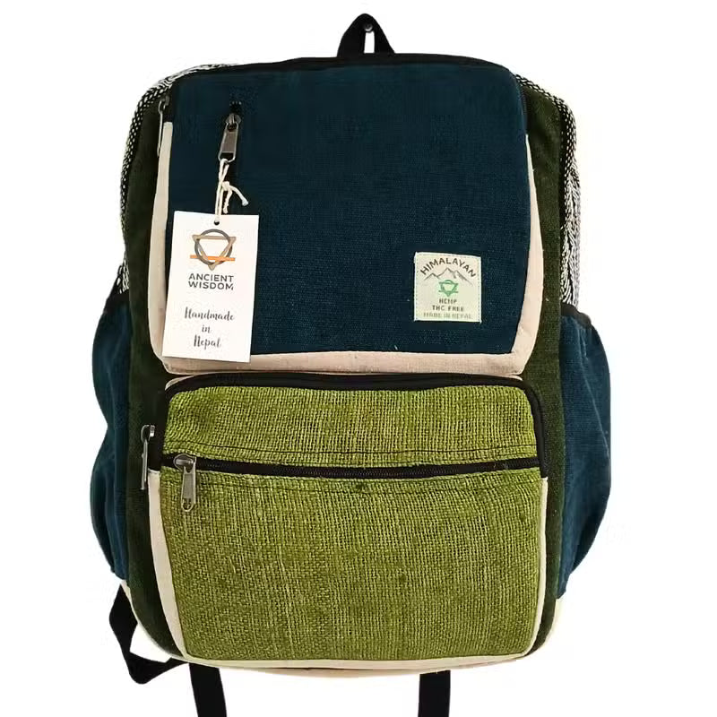 Großer, kastenförmiger Hanf-Rucksack – Türkis & Kurkuma