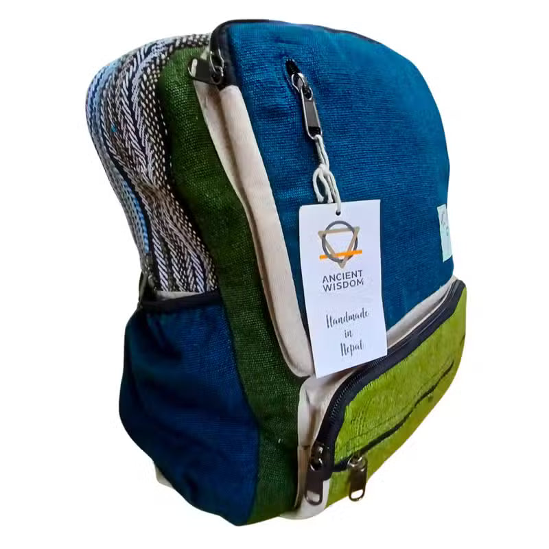 Großer, kastenförmiger Hanf-Rucksack – Türkis & Kurkuma