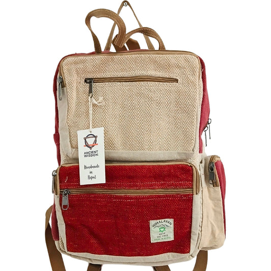 Großer, kastenförmiger Hanf-Rucksack – Weinrot & Creme