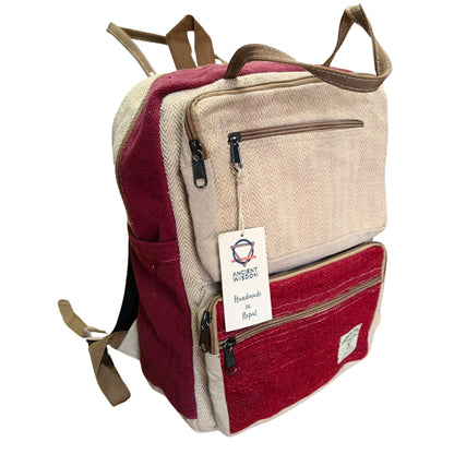 Großer, kastenförmiger Hanf-Rucksack – Weinrot & Creme