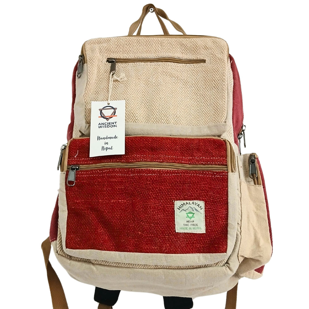Großer, kastenförmiger Hanf-Rucksack – Weinrot & Creme