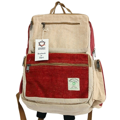 Großer, kastenförmiger Hanf-Rucksack – Weinrot & Creme