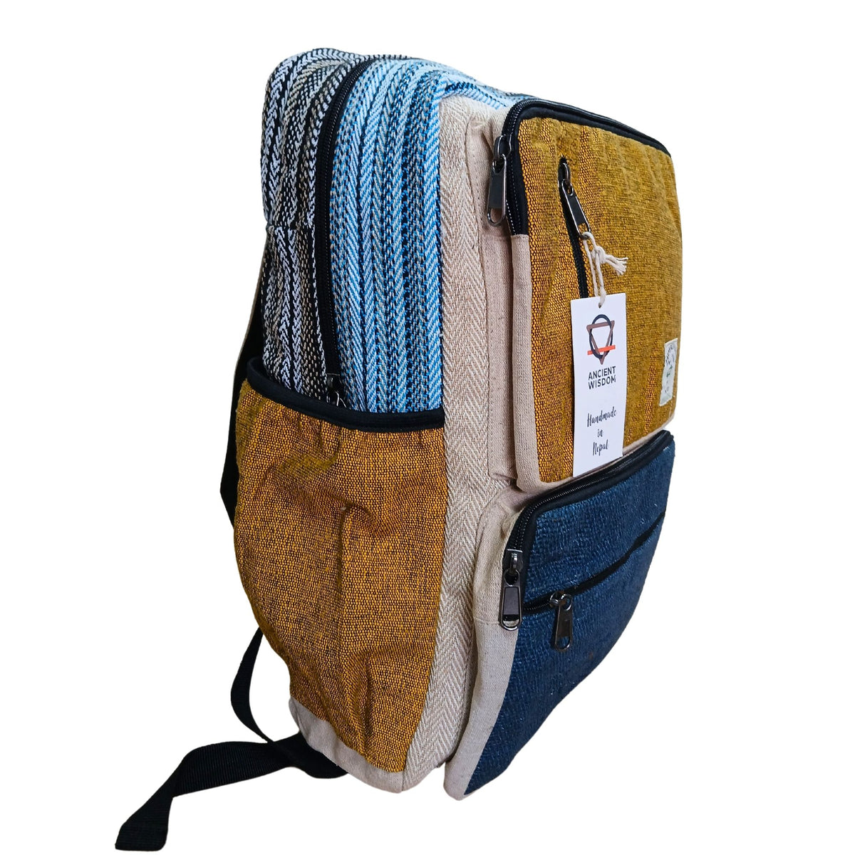 Großer, kastenförmiger Hanf-Rucksack – Türkis & Kurkuma