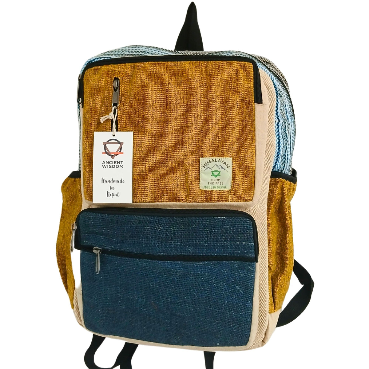 Großer, kastenförmiger Hanf-Rucksack – Türkis & Kurkuma